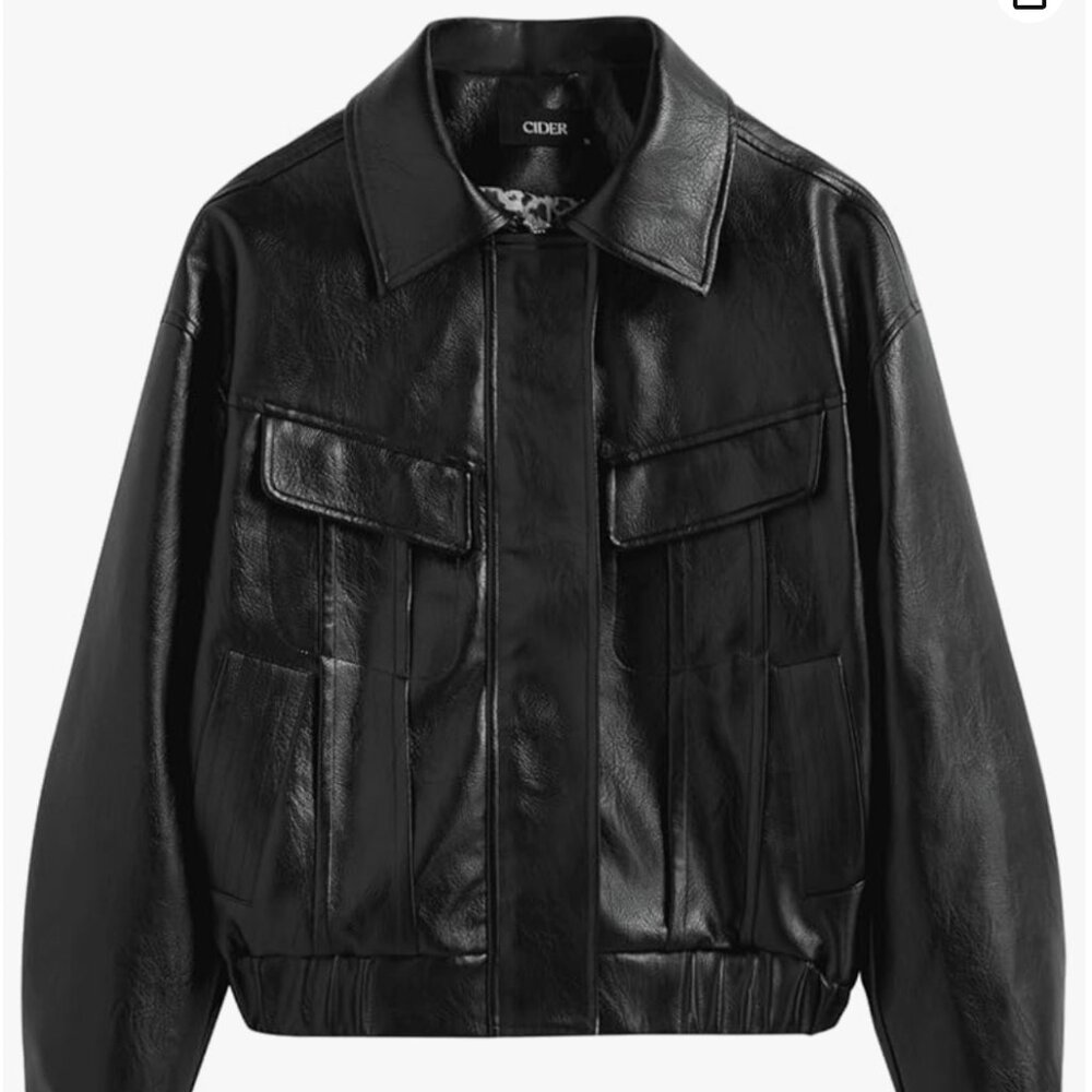 NWT CIDER Vegan Faux Leather Collar Pocket Bomber Jacket Sz small